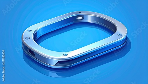 Stainless Steel Oval Metal Frame with Screws on Blue Background.