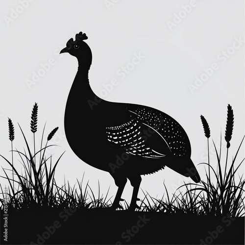 Silhouette of a guinea fowl standing in tall grass.