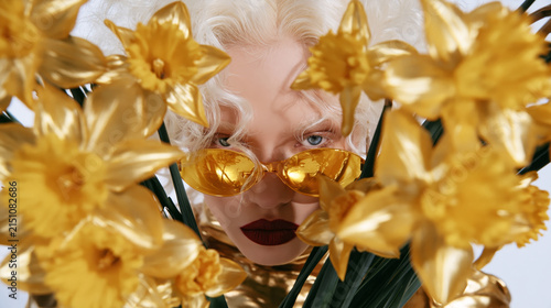 Woman with Golden Sunglasses Surrounded by Yellow Flowers