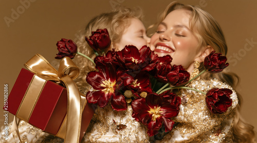 Mother and Child Embracing with Flowers and Gift Box