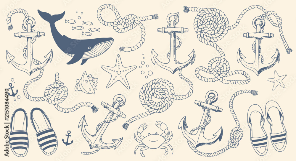 Fototapeta premium Nautical Collection: Whale, Anchors, Rope, Crab, Starfish & Sandals