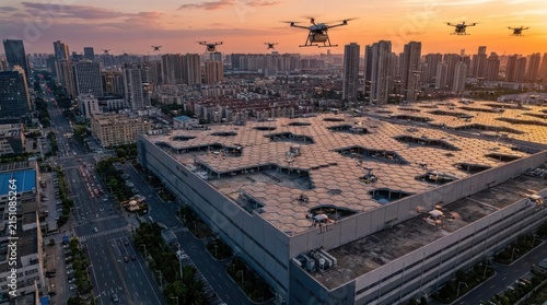 Delivery drones flying over urban warehouse at sunset.