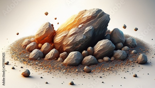 a pile of small rocks are scattered around the white background the rock piles form an asteroid belt in space