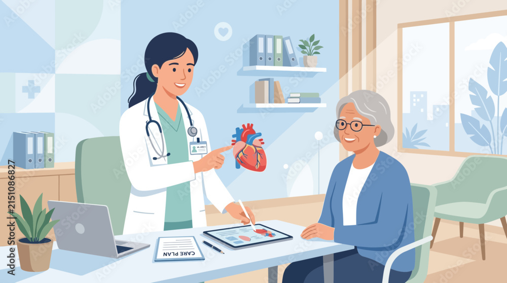Fototapeta premium Doctor consulting elderly patient about heart health, anatomical model