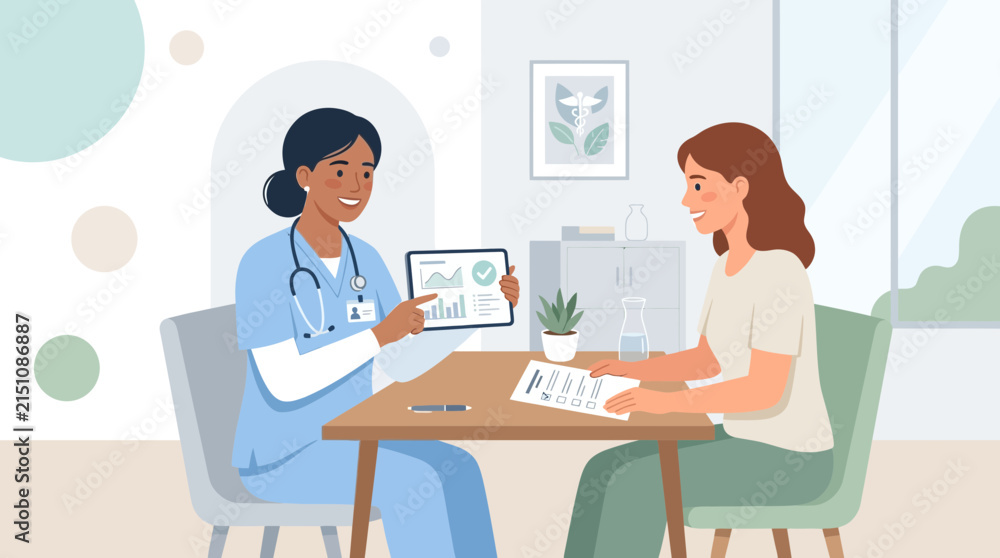 Fototapeta premium Doctor consulting patient, showing medical data on tablet