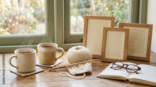 Cozy workspace with coffee and knitting supplies on wooden table.