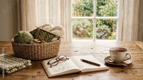 Cozy Writing Desk with Coffee and Knitting Supplies.