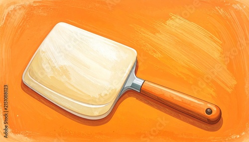 Wooden handled kitchen spatula on orange background.