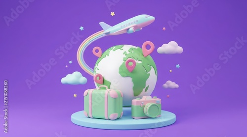 Travel and Tourism Globe with Airplane and Accessories 3D Illustration concept of World Tourism Day