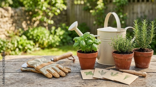 Garden Tools and Potted Herbs on Wooden Table Outdoors.