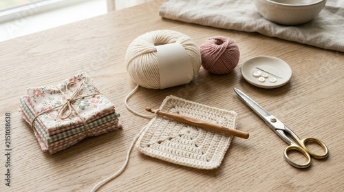 Handmade knitting supplies on wooden table.