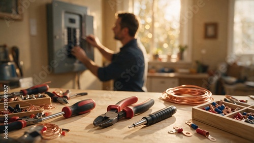 Professional electrician working on a home electrical panel with tools on a wooden table