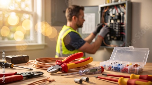 Professional electrician working on a home electrical panel with tools on a wooden table