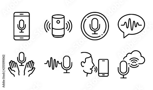 Smart voice assistant and speech recognition thin line vector icon collection