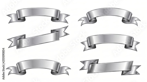 Silver Metallic Ribbon Banners Set Isolated on White Background