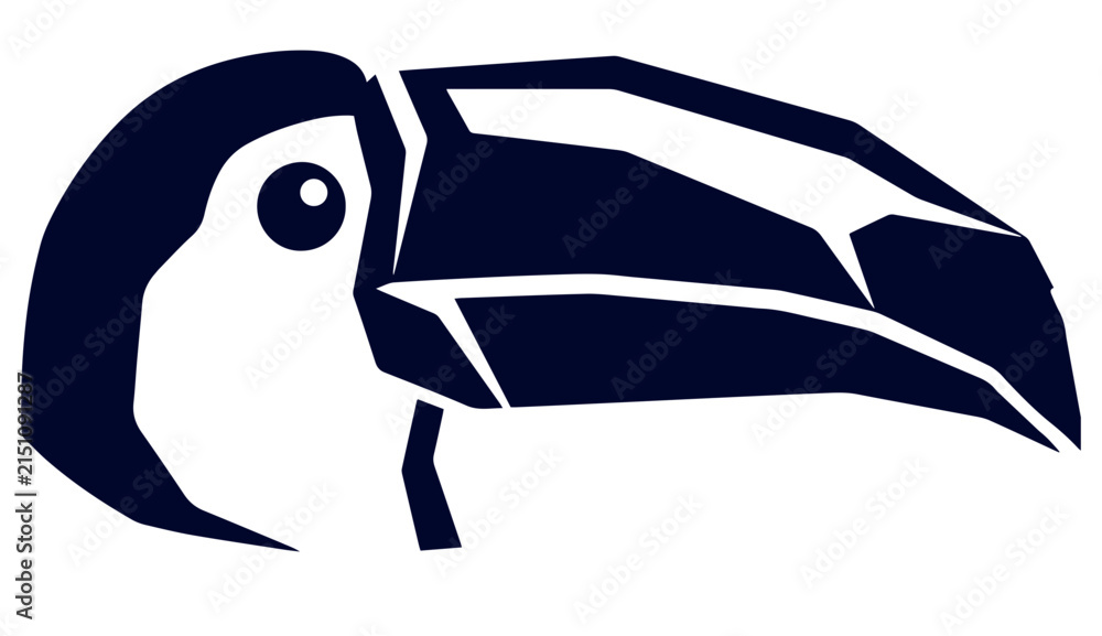 Obraz premium Minimalist toucan head profile illustration using navy blue geometric segments for tropical nature logo design.