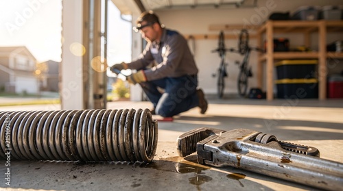 Professional technician repairing a residential garage door with tools in a sunny workshop