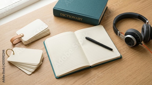 Open notebook with pen and headphones on wooden desk.