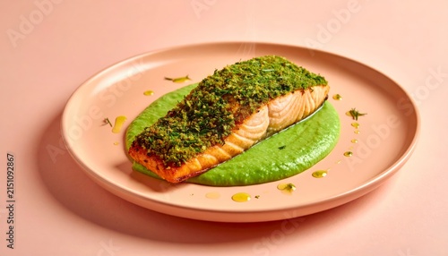 Konstfotografi Creative Dill Crusted Salmon On Pale Peach Pastel Plate