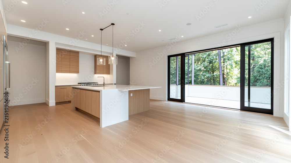 Fototapeta premium Spacious contemporary kitchen featuring large island, minimalist design, and natural light