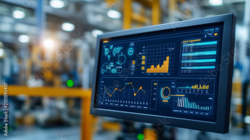 Digital display showing real time production data with graphs and statistics in factory setting