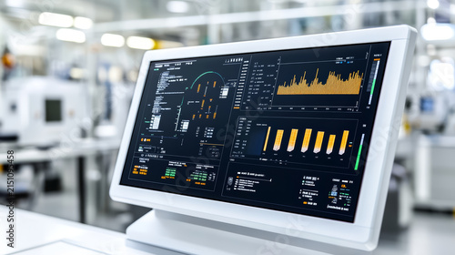 Digital display showing real time production data with high fidelity graphics and analytics