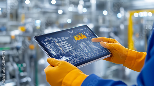 Close up of digital display showing real time production data on tablet in industrial setting