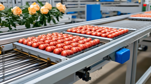 Efficient conveyor belt transporting red products in modern factory setting