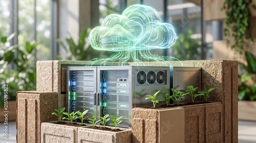A modern data center with cloud computing concept, integrated with greenery for a sustainable digital future.