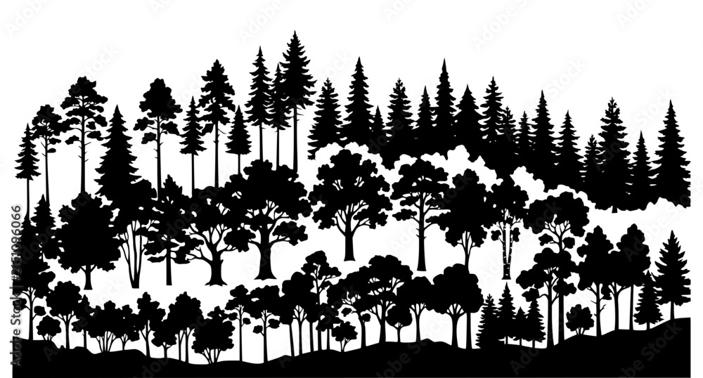 Fototapeta premium Artistic black tree silhouettes with diverse botanical shapes and woodland nature elements vector set