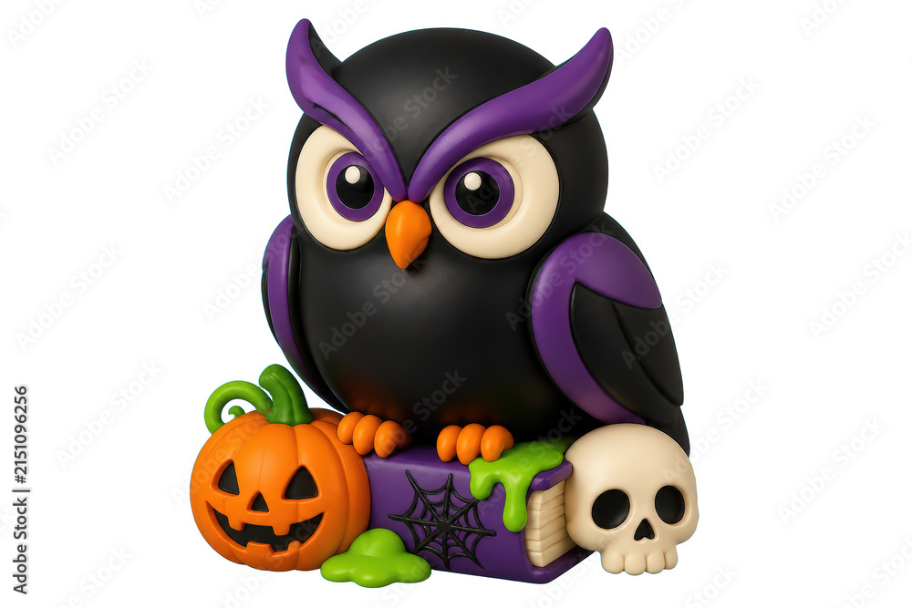 Fototapeta premium Black and purple owl Halloween figurine with pumpkin and skull