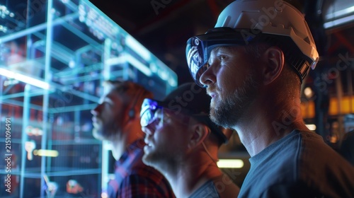 Focused workers examine technological display