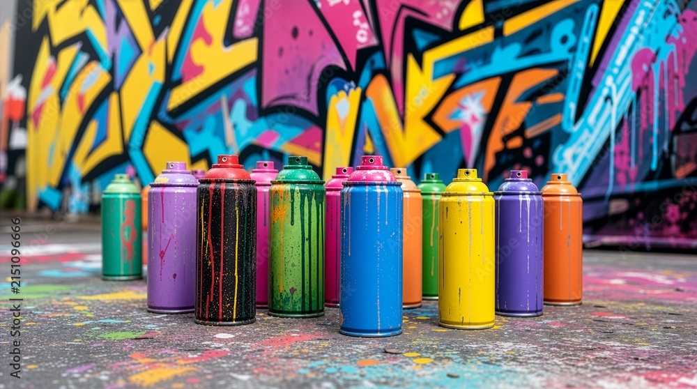 Naklejka premium Vibrant Colorful Spray Paint Cans with Dripping Paint Standing on Asphalt Ground Against an Abstract Urban Street Art Graffiti Wall Background