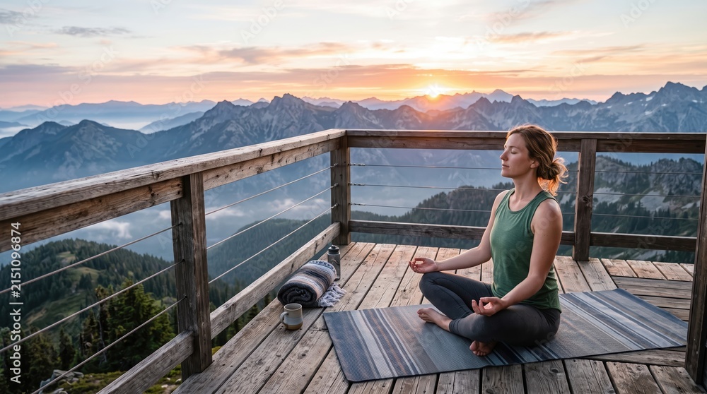 Fototapeta premium Sunset Yoga Practice on a Scenic Mountain Deck