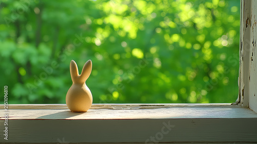 Decorative rabbit figurine rustic windowsill with blurred green background evokes serene