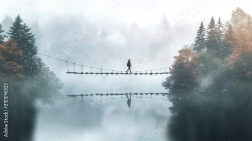 Misty suspension bridge walk