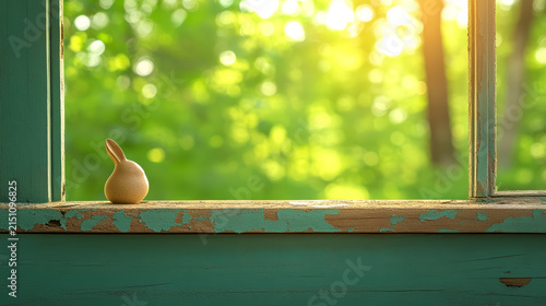 Charming ceramic bunny sits on rustic windowsill, surrounded by vibrant green backdrop