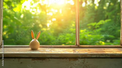 Cute bunny figurine sits on rustic windowsill, surrounded by nature beauty and warm sunlight