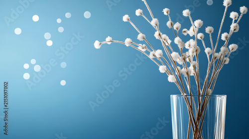 Frosted flower stems in clear vase create serene and elegant display against blue background