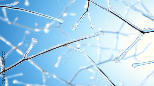 Frosted flower stems glisten clear ice against bright blue background, creating serene