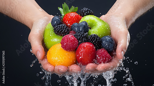 Fresh fruits in hands with water splashing, showcasing vibrant colors and freshness