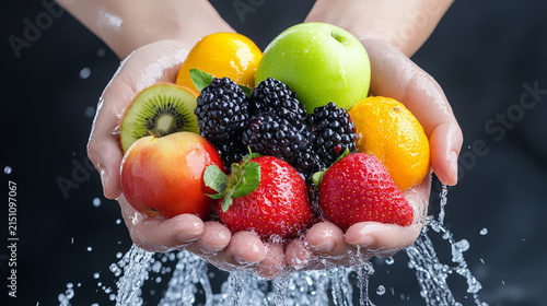 Fresh fruits held in hands with water splashing, showcasing vibrant colors and textures