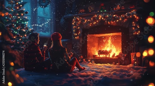 Couple enjoying cozy evening by fireplace decorated for the holiday season