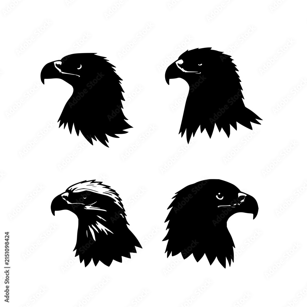 Fototapeta premium Eagle heads set with high-contrast black and white line art featuring sharp eyes, intricate feathers, detailed expressions with bold lines and depth