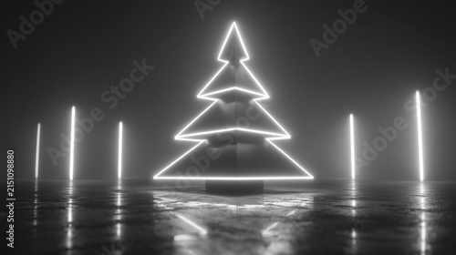 Glowing abstract light installation of a christmas tree in dark misty environment