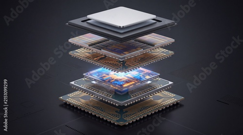 Exploded view of computer processor layers showcasing advanced circuitry and design for modern technology.