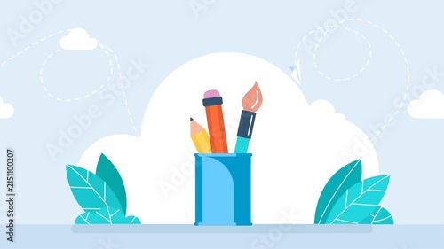School education, artist studio toolkit. Creative office workspace concept, graphic design supplies or artwork icon. Blue stationery holder cup with pencil pen and paintbrush. 2d flat animation. Video