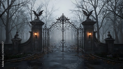 Gothic-style wrought iron gate in foggy forest setting