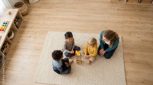 A teacher and diverse group of children playing with wooden blocks in a classroom.