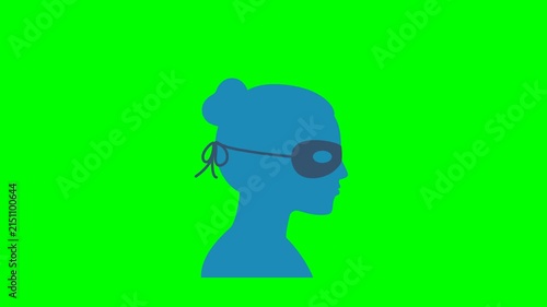The girl hides her identity. Female superhero mask. A woman's silhouette with a mask over her eyes. Thief, incognito. Secret agent. Special service. Side view. Video. 2d flat animation. Alpha channel